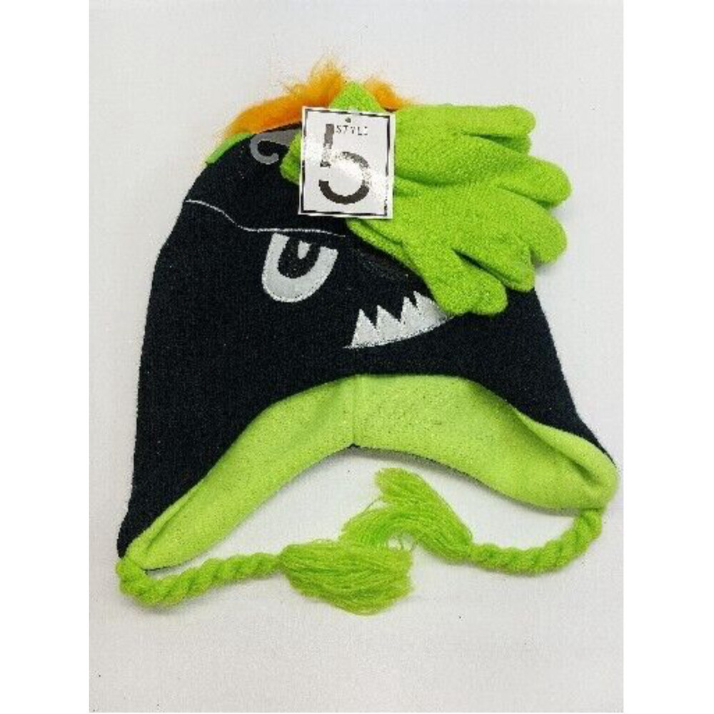 Kids Style 5 Black and Green Monster Hat & Gloves Set - NEW WITH TAGS
